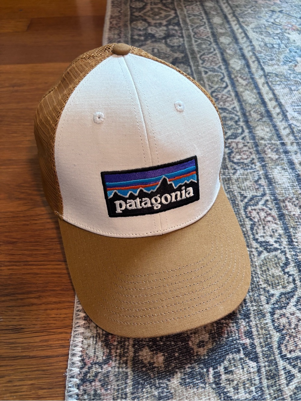 Patagonia Two-Tone Trucker Hat — Tan & White with Multicolor Logo